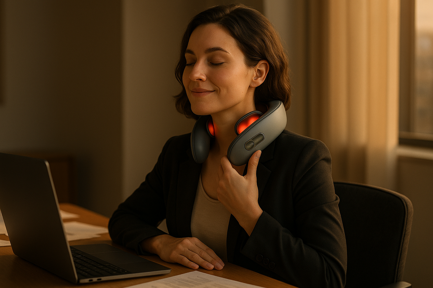 Generate ultra realistic lifestyle advertising photo of a young professional using a premium cervical neck massager with heat and EMS technology. 
Scene: modern office desk, laptop nearby, evening light from window, papers on desk. 
Expression: natural relief, subtle calm smile, realistic emotions (no exaggeration). 
Style: cinematic premium advertisement, candid photography, professional atmosphere, 4K resolution.