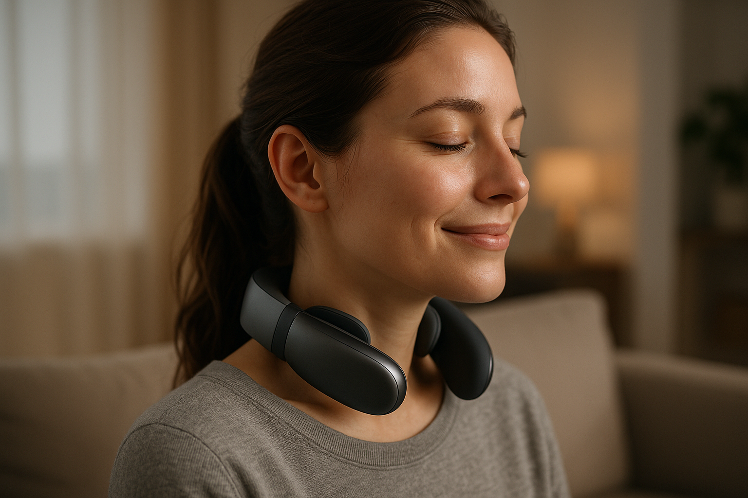 Generate ultra realistic lifestyle photo of a person using a premium cervical neck massager. 
Expression: subtle natural smile, relaxed face, realistic emotions. 
Style: cinematic Apple-style advertisement, candid photography, natural body posture. 
Scene: cozy home or modern office. 
Focus: clear product on the neck, premium atmosphere, 4K.