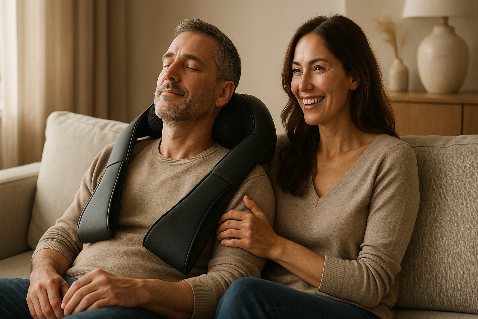 Hyper-realistic photo of a middle-aged couple (around 45 years old) enjoying time together on a stylish sofa. The man is using a matte black premium neck and back massager with a relaxed expression, while the woman smiles beside him. Elegant living room, warm daylight, wellness lifestyle advertising style, 4K, no logos, no text.