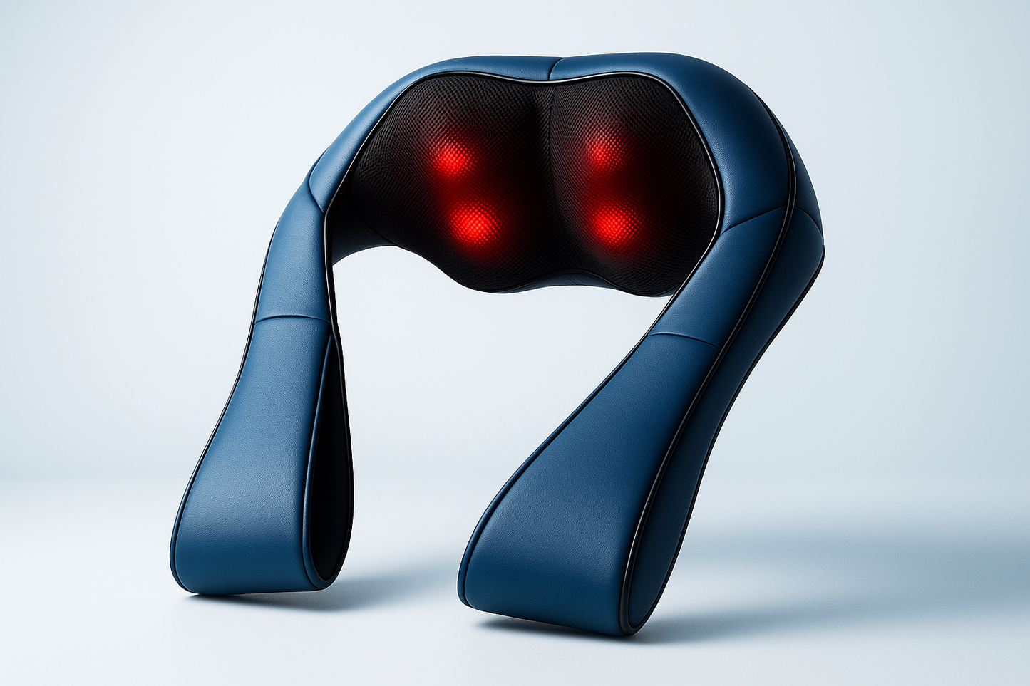 Hyper-realistic photo of a premium neck and back massager in exclusive electric blue color with black accents and elegant red LED lights. White or light blue minimalist background, luxury advertising style, 4K, futuristic Apple/Dyson look, no logos, no text.