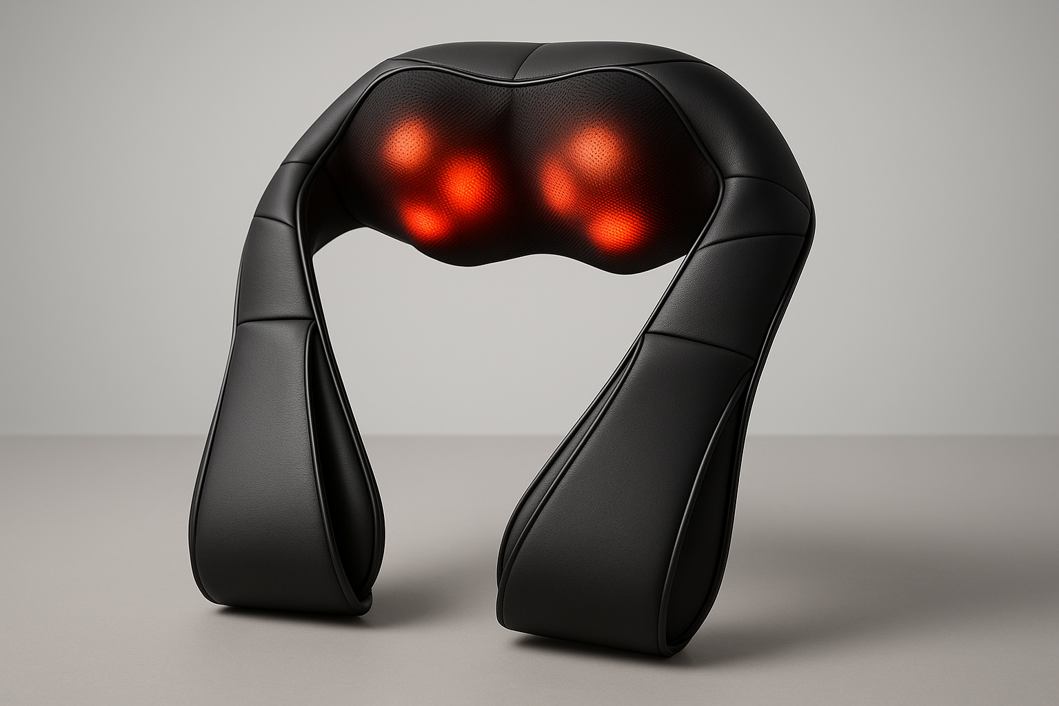 Hyper-realistic photo of a premium neck and back massager in matte black with subtle silver details and glowing red LED lights. Minimalist background in soft light gray, elegant and luxury product photography, 4K, futuristic design, no logos, no text.