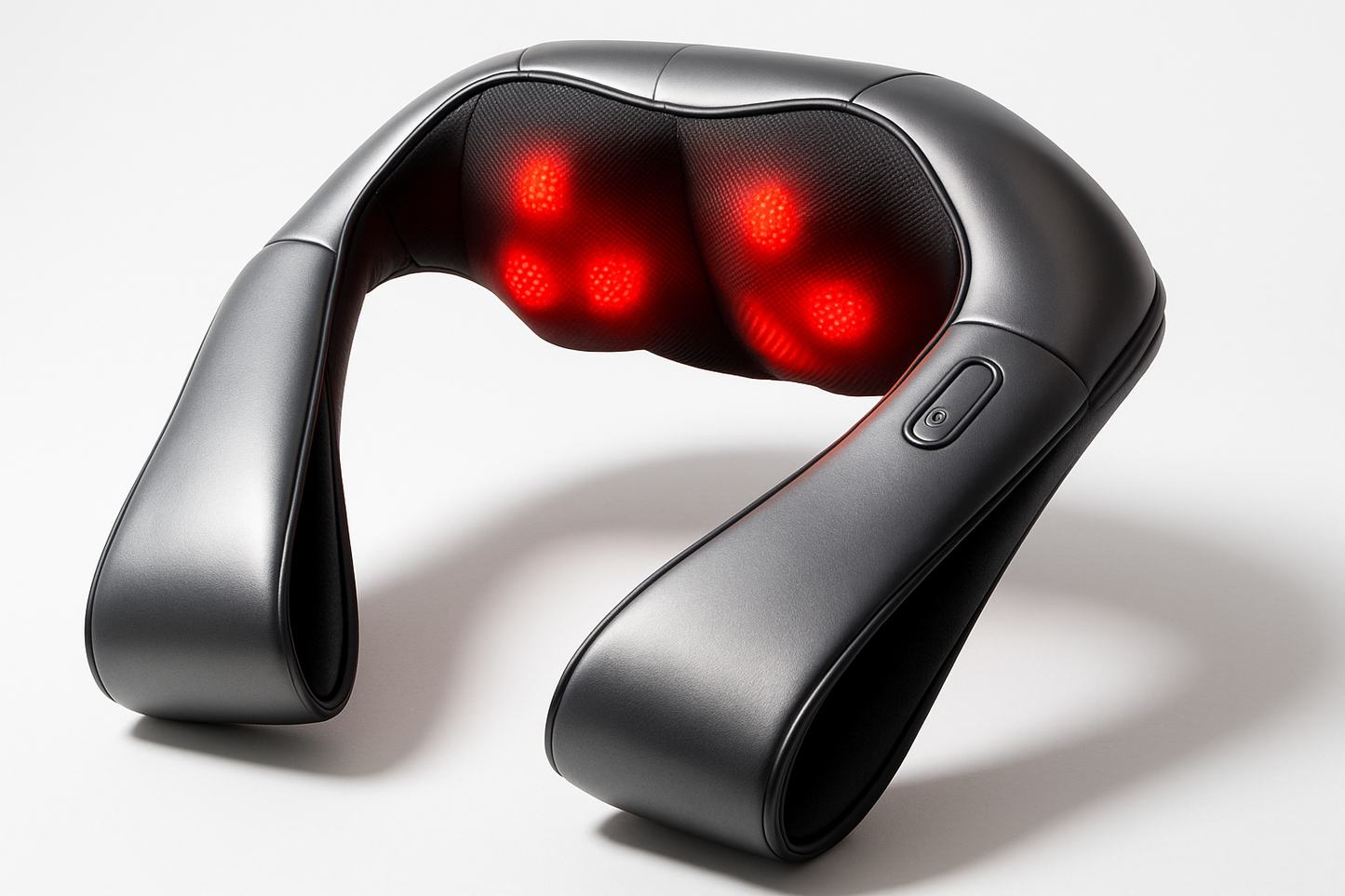 Hyper-realistic photo of a premium neck and back massager in metallic gray and matte black, with elegant red LED lights. Minimalist white background with bright lighting. Apple/Dyson futuristic design, 4K. No logos, no text.