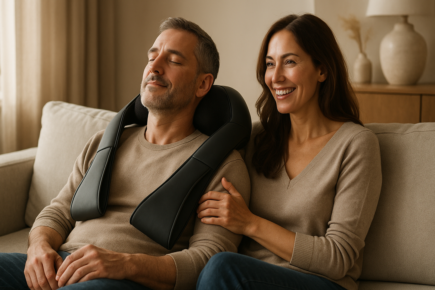 Hyper-realistic photo of a middle-aged couple (around 45 years old) enjoying time together on a stylish sofa. The man is using a matte black premium neck and back massager with a relaxed expression, while the woman smiles beside him. Elegant living room, warm daylight, wellness lifestyle advertising style, 4K, no logos, no text.
