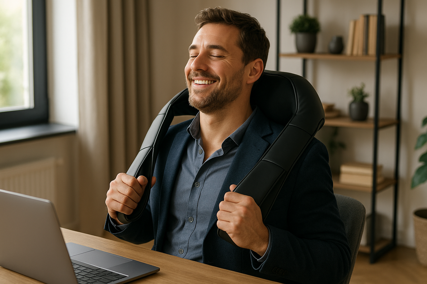 Hyper-realistic photo of a professional man in a stylish home office using a matte black premium neck and back massager. Laptop on the desk, modern chair, natural daylight, expression of relief and happiness, 4K, no logos, no text.
