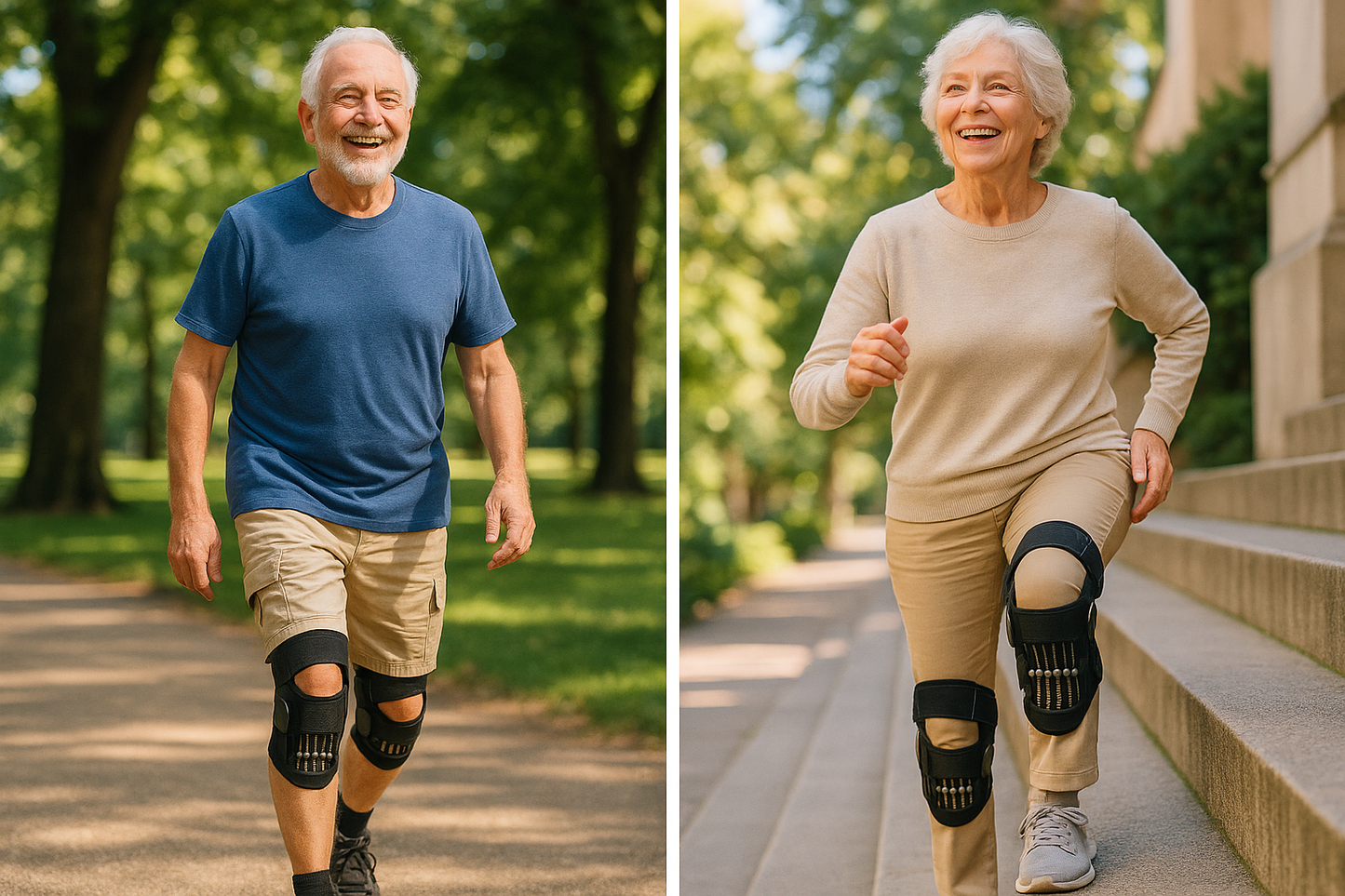"Ultra-realistic lifestyle photography of an elderly person smiling with joy while wearing a pair of orthopedic knee assist braces with visible carbon steel springs. Scene 1: an older man confidently walking outdoors in the park. Scene 2: an older woman happily climbing stairs with no effort. Both showing relief, energy, and freedom of movement. Bright natural lighting, uplifting atmosphere, cinematic advertising style, 8K ultra-sharp resolution, premium wellness product aesthetic."