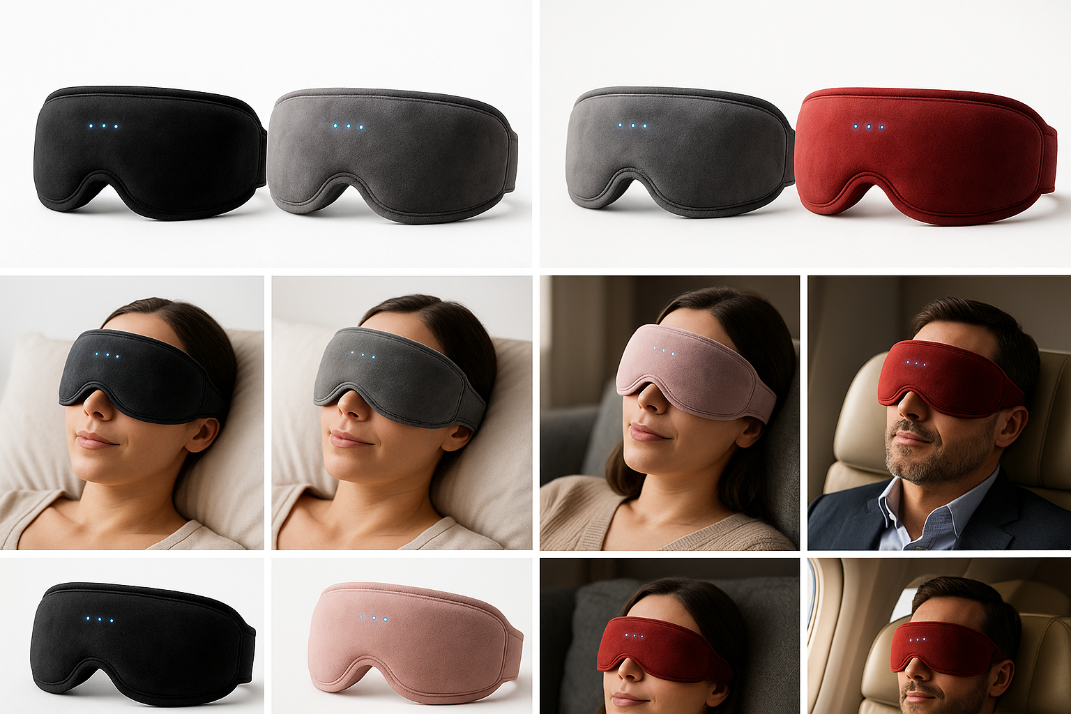 "Ultra-realistic product photography of a Smart Heated Eye Mask with Bluetooth music, featuring three small blue LED indicator lights on the front center of the mask. Shown in premium colors: black, gray, pink, and red. Soft velvet fabric texture, elegant stitching, sleek modern curves. Displayed in studio shots (clean white background) and lifestyle scenes (bedroom, sofa, airplane). High-end wellness product aesthetic, cinematic lighting, ultra-sharp 8K advertising style."