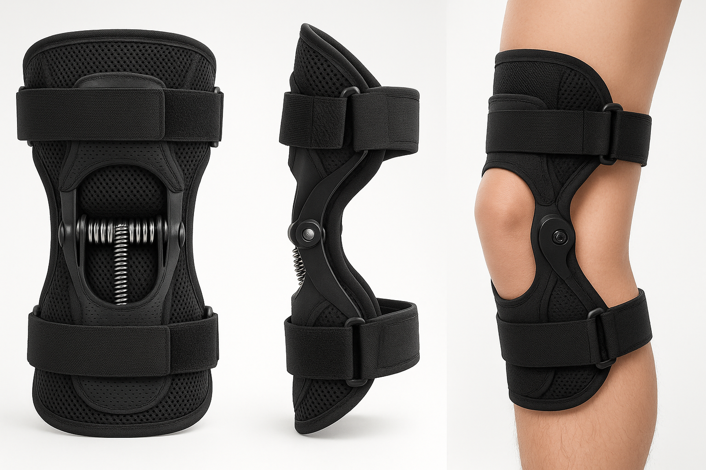 "Ultra-realistic product photography of an orthopedic knee joint assist brace with strong carbon steel springs on both sides, adjustable black straps with velcro, breathable mesh fabric, and ergonomic design. Shown in professional studio shots with clean white background, multiple angles (front, side, and worn on leg). High-end medical and sports support aesthetic, sharp details, 8K advertising quality."