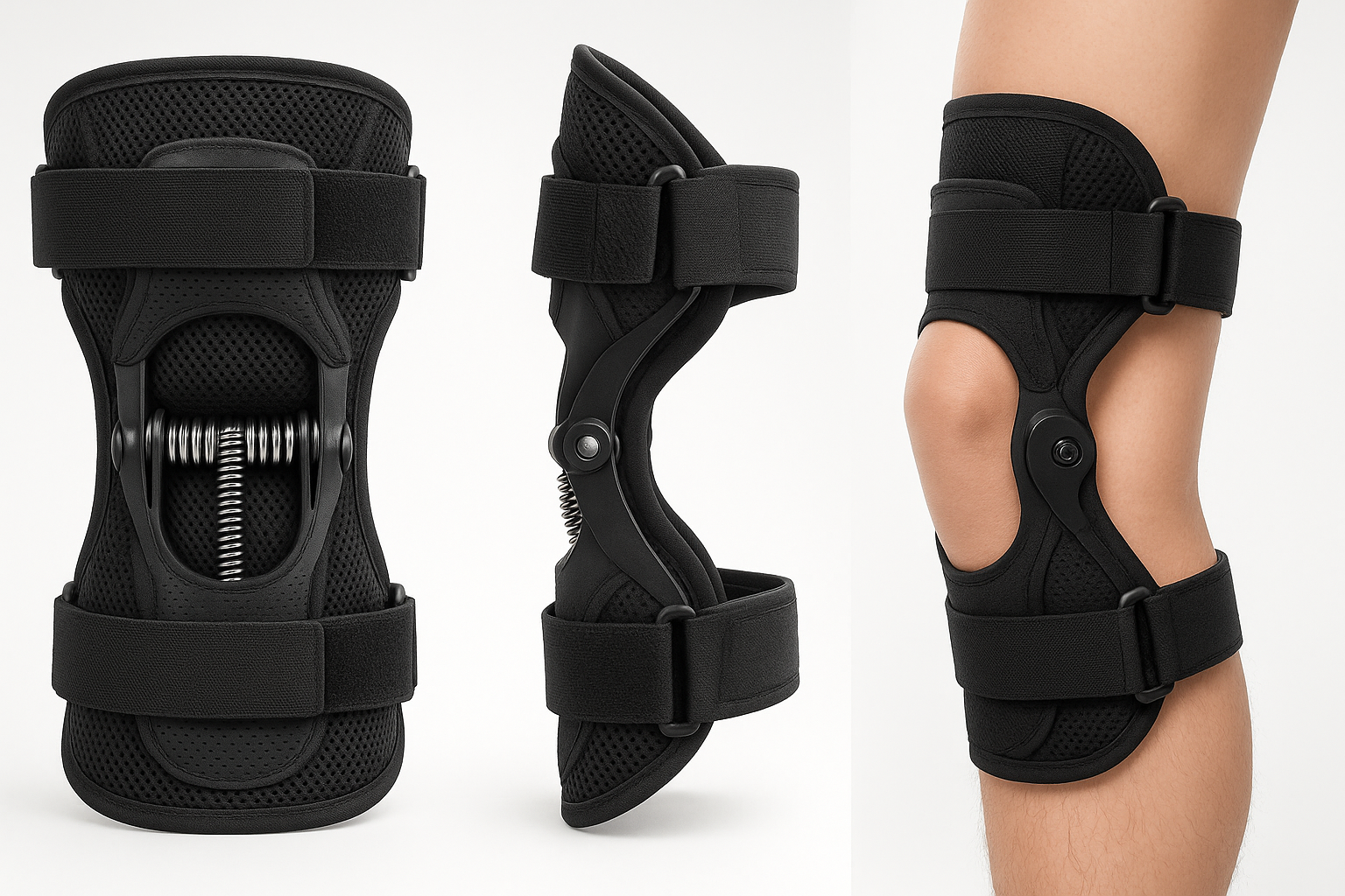 "Ultra-realistic product photography of an orthopedic knee joint assist brace with strong carbon steel springs on both sides, adjustable black straps with velcro, breathable mesh fabric, and ergonomic design. Shown in professional studio shots with clean white background, multiple angles (front, side, and worn on leg). High-end medical and sports support aesthetic, sharp details, 8K advertising quality."